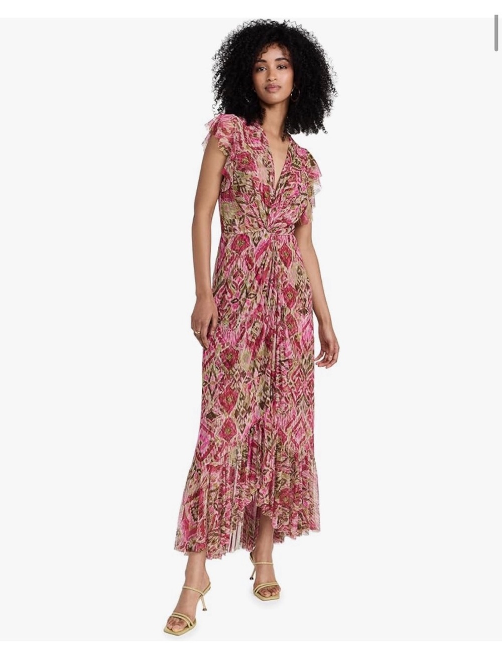 Misa Los Angeles Pink and Brown Ikat-Print Maxi Dress
